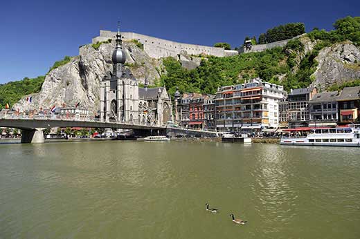 Belgique, Wallonie, Dinant, canards nageant vers le pont du Général Charles de Gaulle enjambant la Meuse devant la collégiale Notre-Dame et la citadelle. Crédit : Soberka Richard / hemis.fr